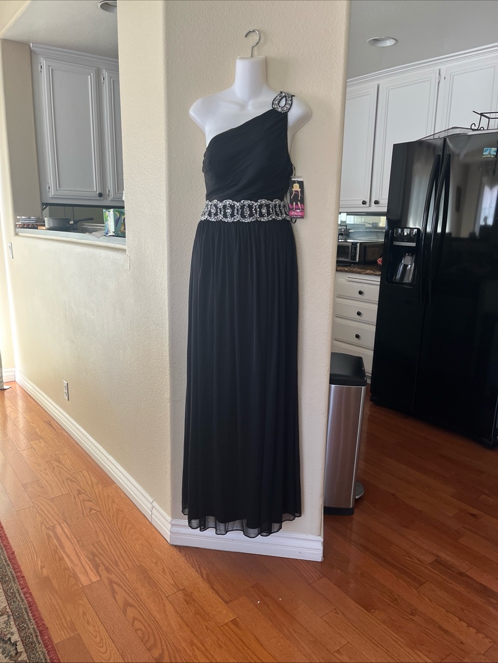 Blondie Nites Black One-Shoulder Evening Gown with Jeweled Waist